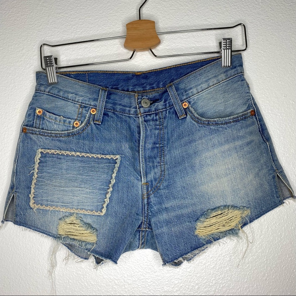 Levi’s 501 Distressed Patchwork Jean Denim Distressed High Rise Cut Off Shorts